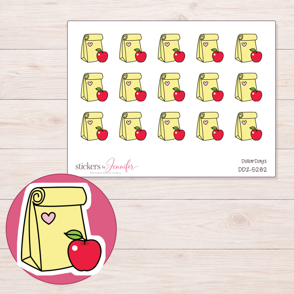 Yellow Lunch Bag Planner Stickers | DDZ-5282 — 4 × 3 inch sheet and enlarged sticker detail