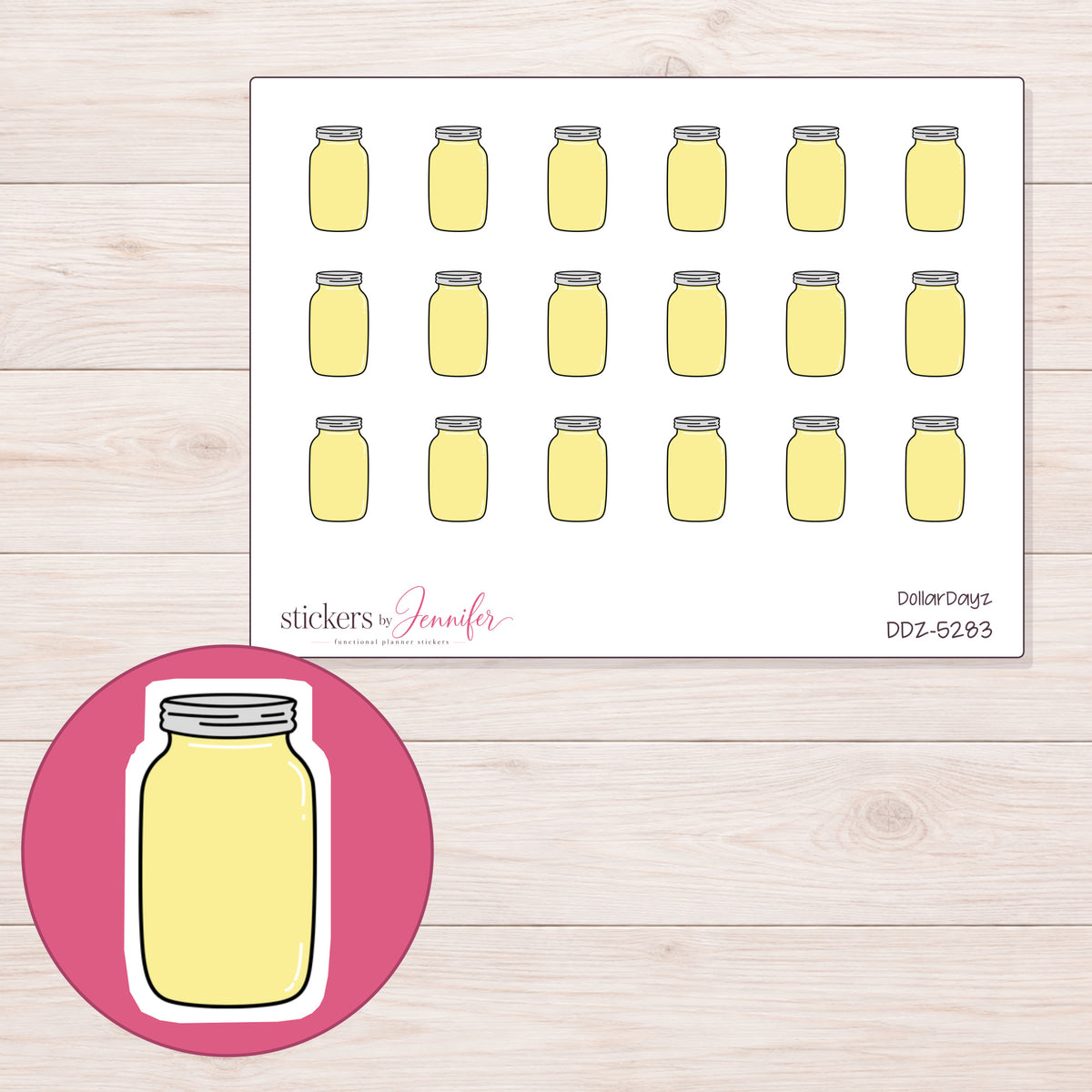 Yellow Mason Jar Planner Stickers | DDZ-5283 — 4 × 3 inch sheet and enlarged sticker detail