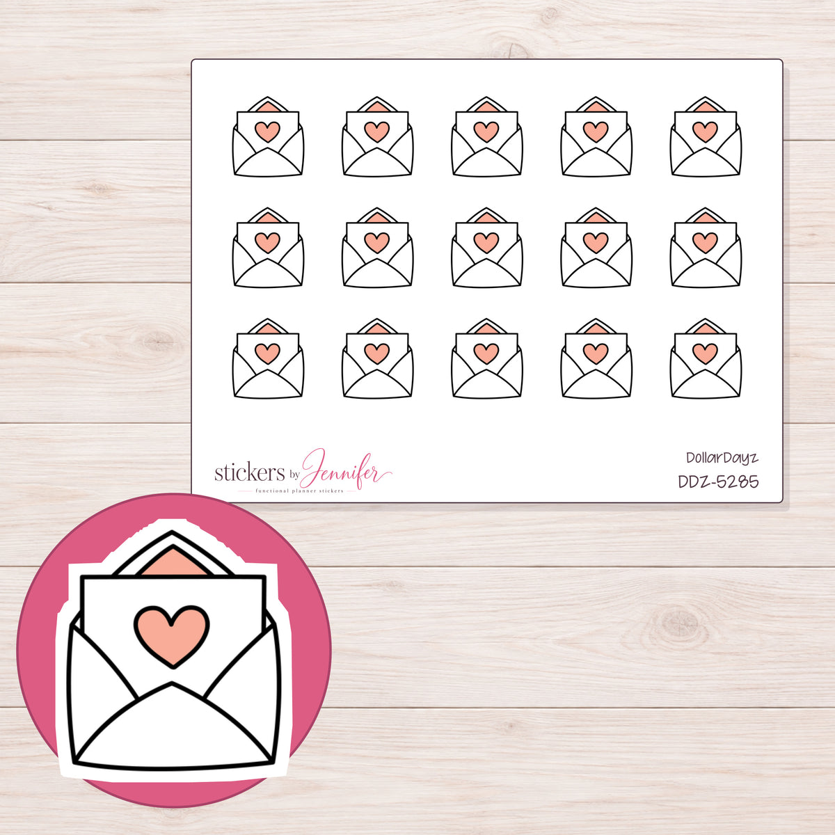 Heart Mail Envelope Planner Stickers | DDZ-5285 — 4 × 3 inch sheet and enlarged sticker detail