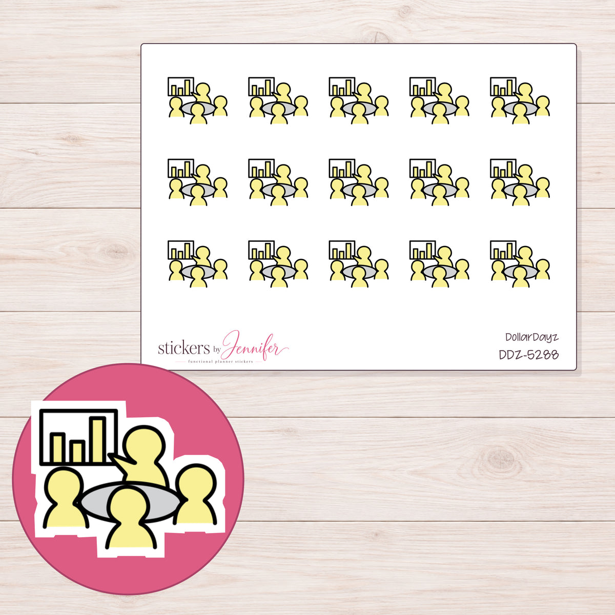Yellow Meeting Planner Stickers | DDZ-5288 — 4 × 3 inch sheet and enlarged sticker detail