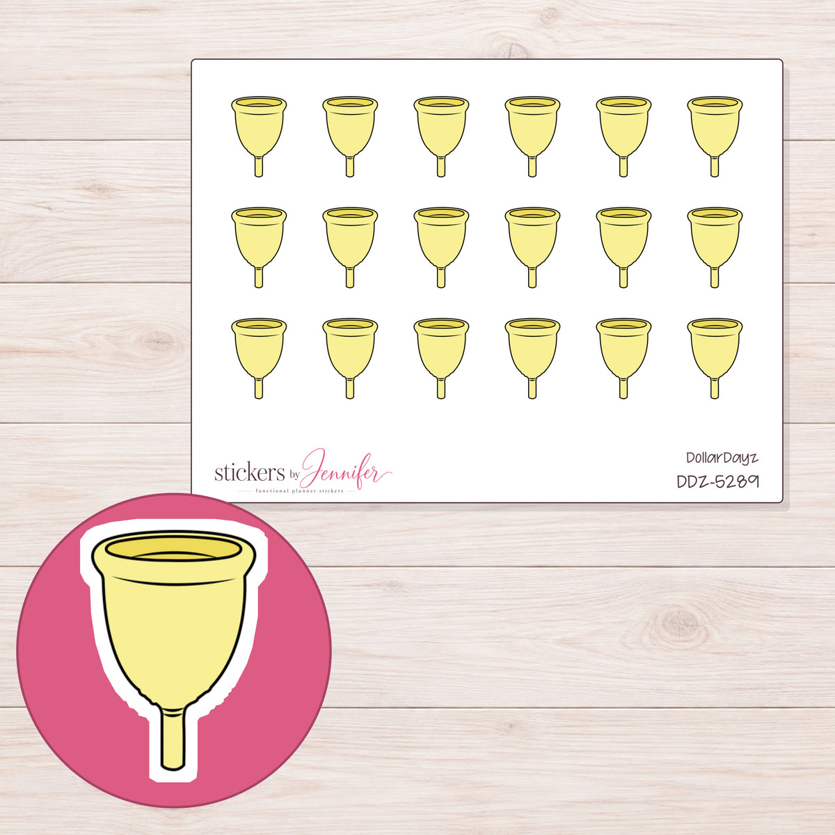 Yellow Menstrual Cup Planner Stickers | DDZ-5289 — 4 × 3 inch sheet and enlarged sticker detail