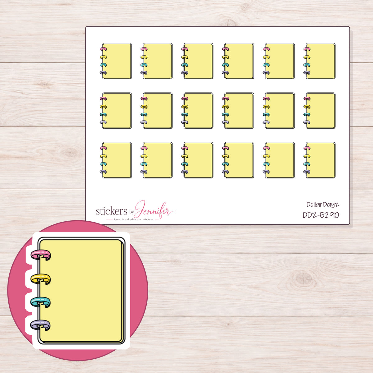 Yellow Mini Disc Planner Stickers | DDZ-5290 — 4 × 3 inch sheet and enlarged sticker detail
