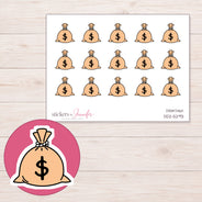 Peach Money Bag Planner Stickers | DDZ-5293 — 4 × 3 inch sheet and enlarged sticker detail