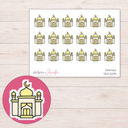 Yellow Mosque Planner Stickers | DDZ-5294 — 4 × 3 inch sheet and enlarged sticker detail