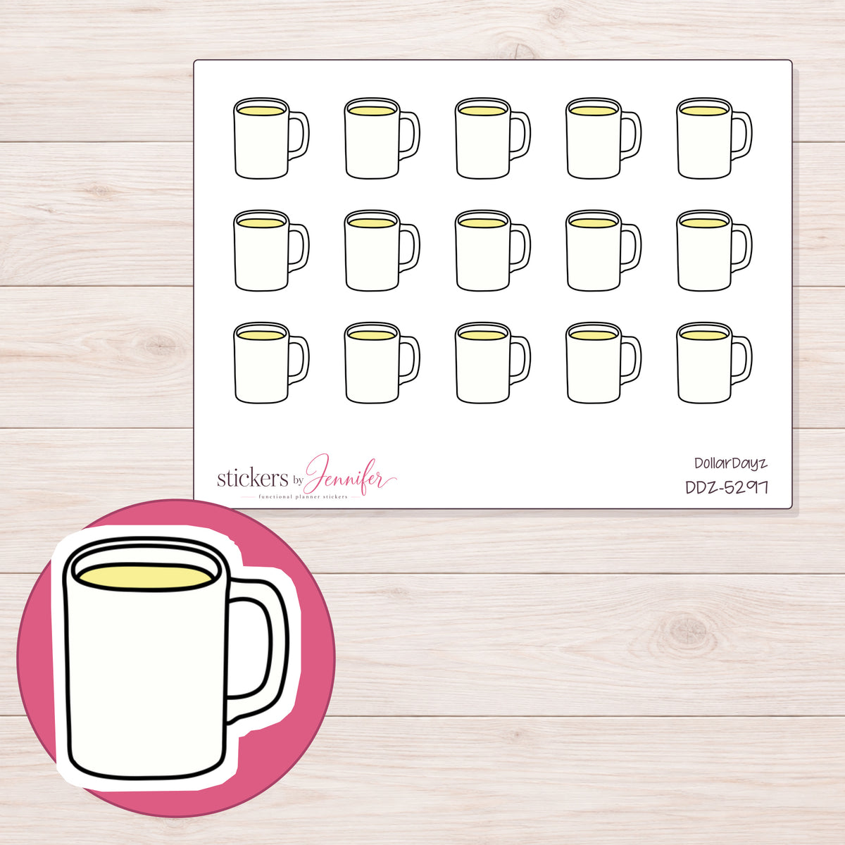 White Drink Mug Planner Stickers | DDZ-5297 — 4 × 3 inch sheet and enlarged sticker detail