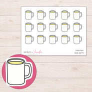 White Drink Mug Planner Stickers | DDZ-5297 — 4 × 3 inch sheet and enlarged sticker detail