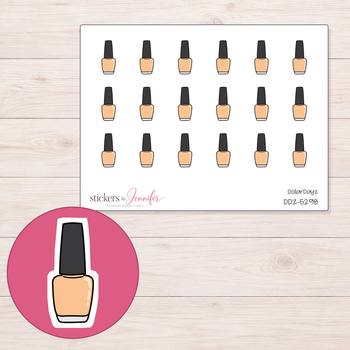 Peach Nail Polish Planner Stickers | DDZ-5298 — 4 × 3 inch sheet and enlarged sticker detail
