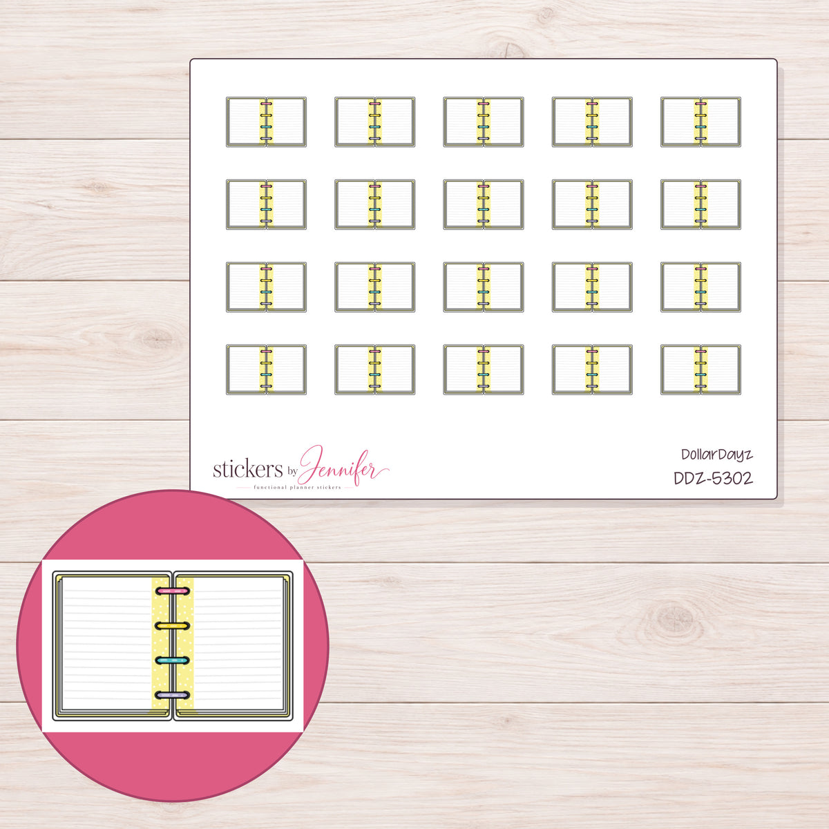Open Mini Disc Planner Stickers | DDZ-5302 — 4 × 3 inch sheet and enlarged sticker detail