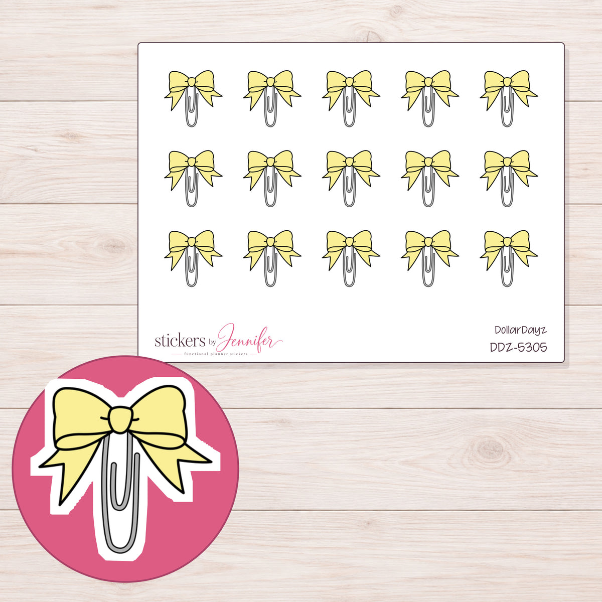 Yellow Bow Paper Clip Planner Stickers | DDZ-5305 — 4 × 3 inch sheet and enlarged sticker detail