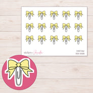 Yellow Bow Paper Clip Planner Stickers | DDZ-5305 — 4 × 3 inch sheet and enlarged sticker detail