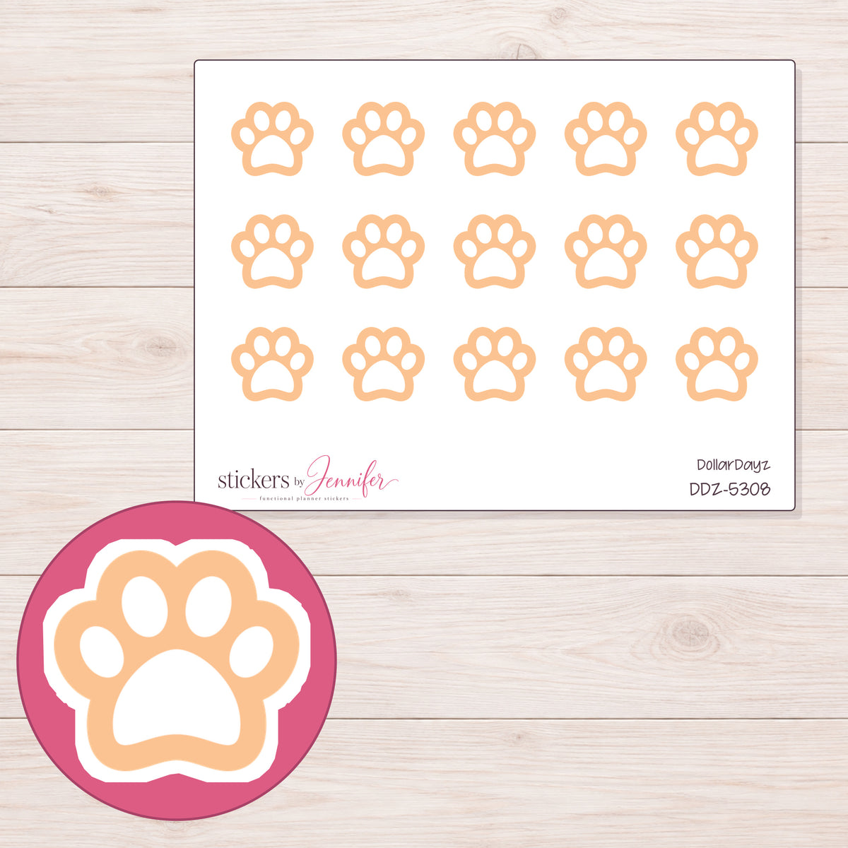 Peach Outline Paw Print Planner Stickers | DDZ-5308 — 4 × 3 inch sheet and enlarged sticker detail