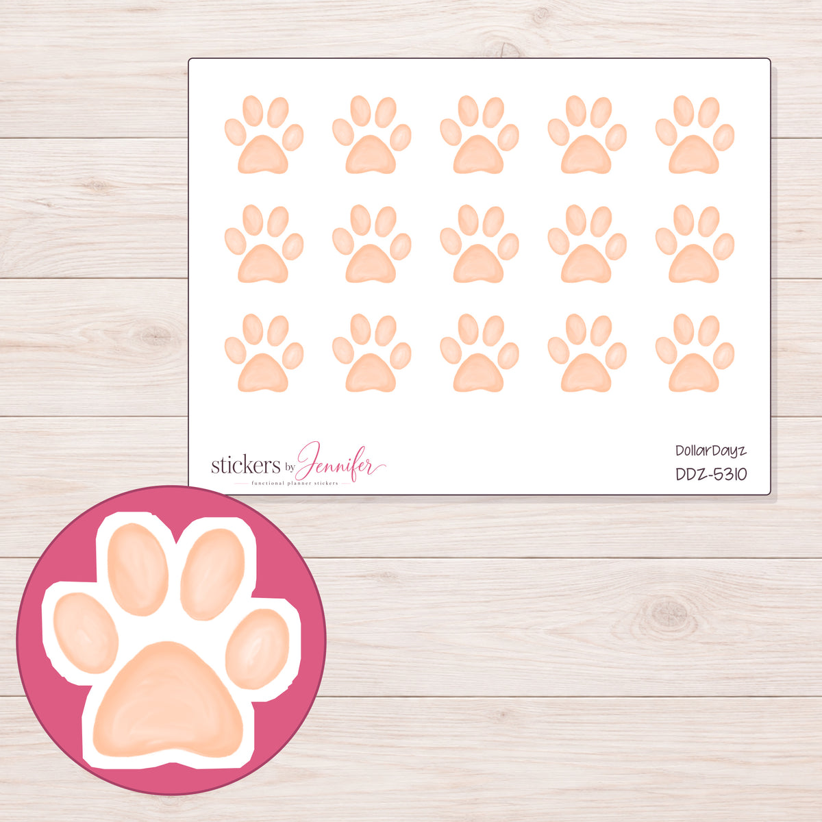 Pastel Peach Paw Print Planner Stickers | DDZ-5310 — 4 × 3 inch sheet and enlarged sticker detail