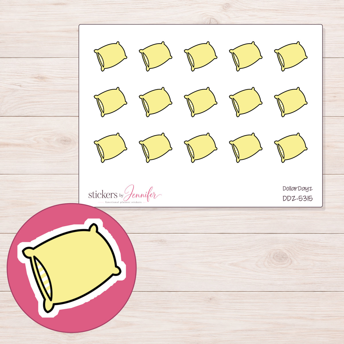 Yellow Pillow Planner Stickers | DDZ-5315 — 4 × 3 inch sheet and enlarged sticker detail
