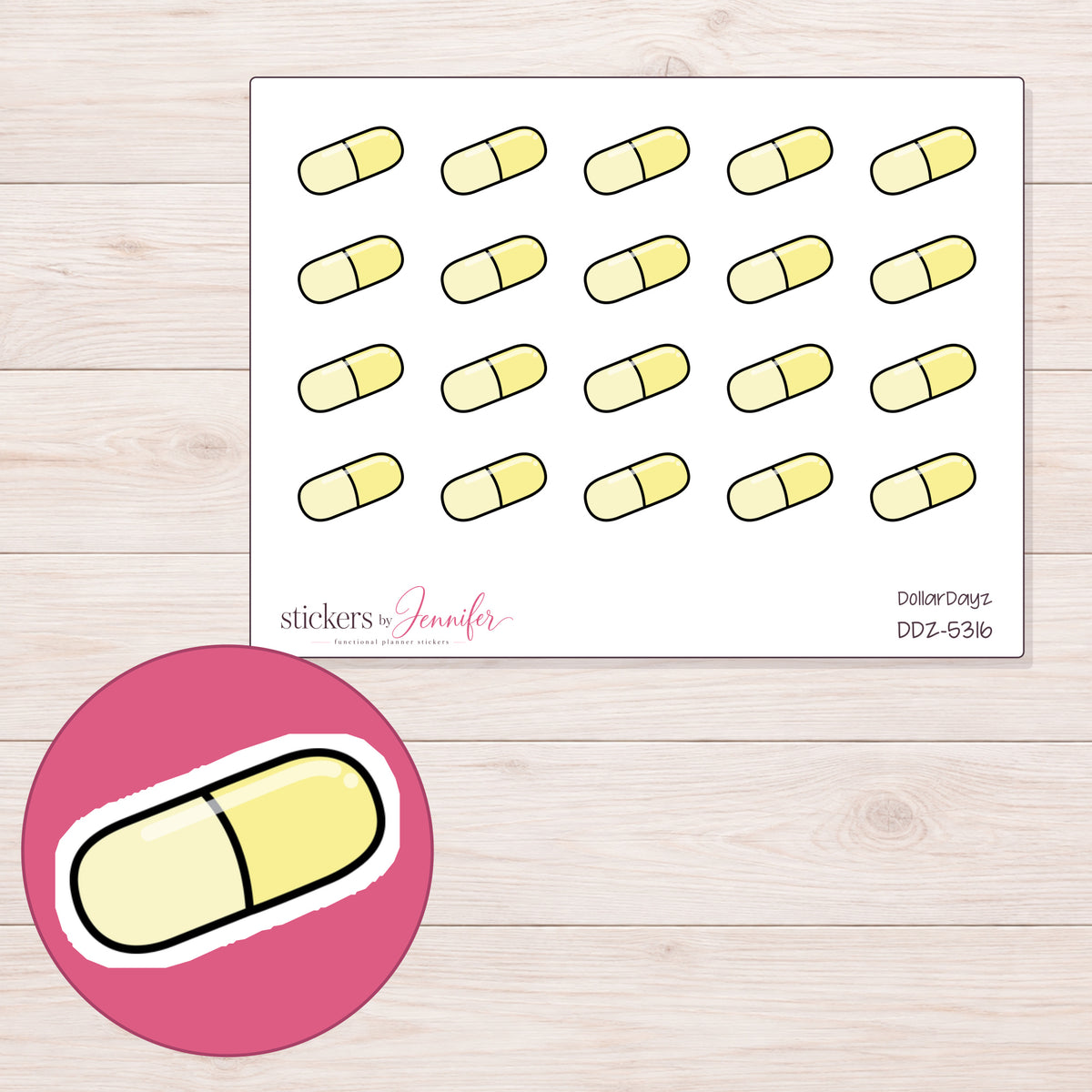 Yellow Capsule Planner Stickers | DDZ-5316 — 4 × 3 inch sheet and enlarged sticker detail