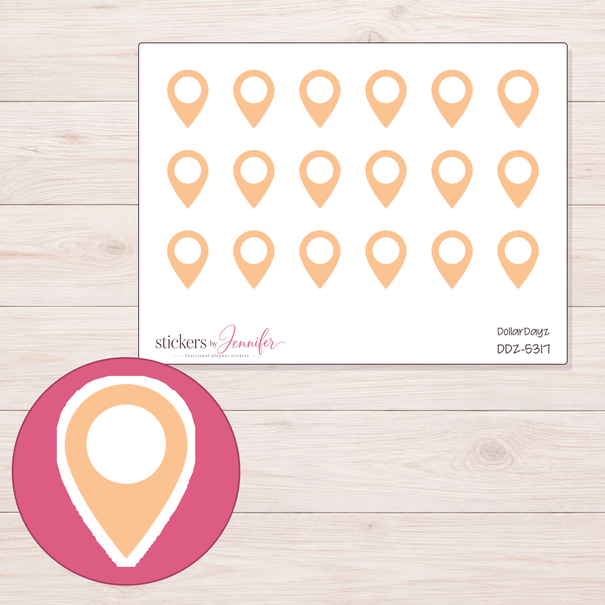 Peach Location Pin Planner Stickers | DDZ-5317 — 4 × 3 inch sheet and enlarged sticker detail