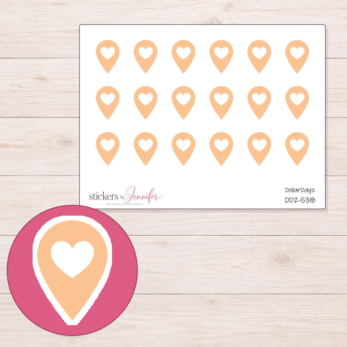 Peach Heart Location Pin Planner Stickers | DDZ-5318 — 4 × 3 inch sheet and enlarged sticker detail