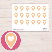 Peach Heart Location Pin Planner Stickers | DDZ-5318 — 4 × 3 inch sheet and enlarged sticker detail