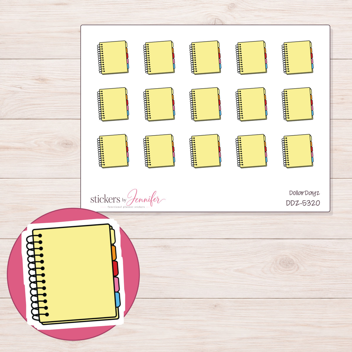 Yellow Spiral Planner Stickers | DDZ-5320 — 4 × 3 inch sheet and enlarged sticker detail