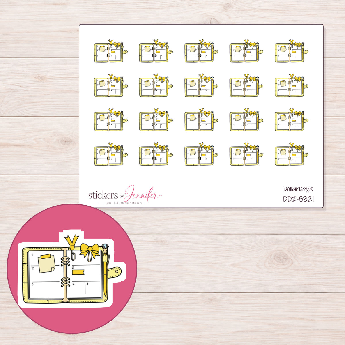 Open Decorated Yellow Planner Stickers | DDZ-5321 — 4 × 3 inch sheet and enlarged sticker detail