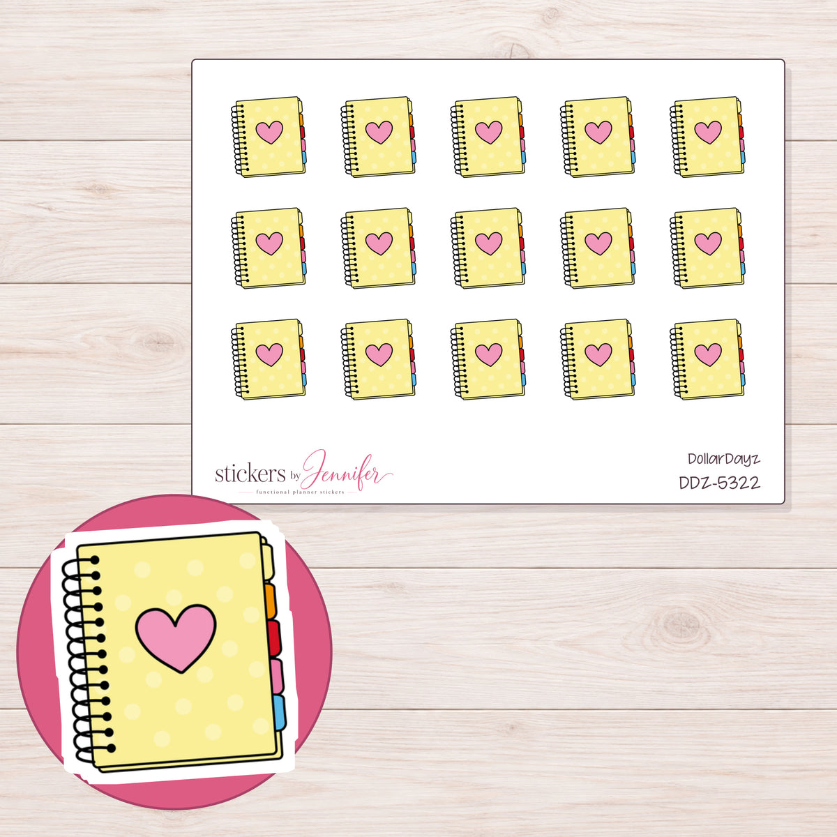 Yellow Heart Planner Stickers | DDZ-5322 — 4 × 3 inch sheet and enlarged sticker detail