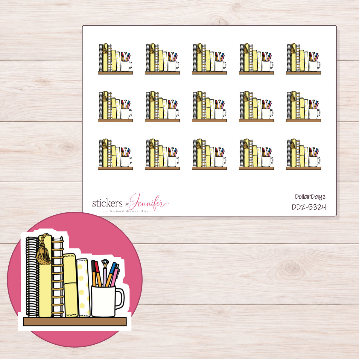 Yellow Planner Shelf Planner Stickers | DDZ-5324 — 4 × 3 inch sheet and enlarged sticker detail