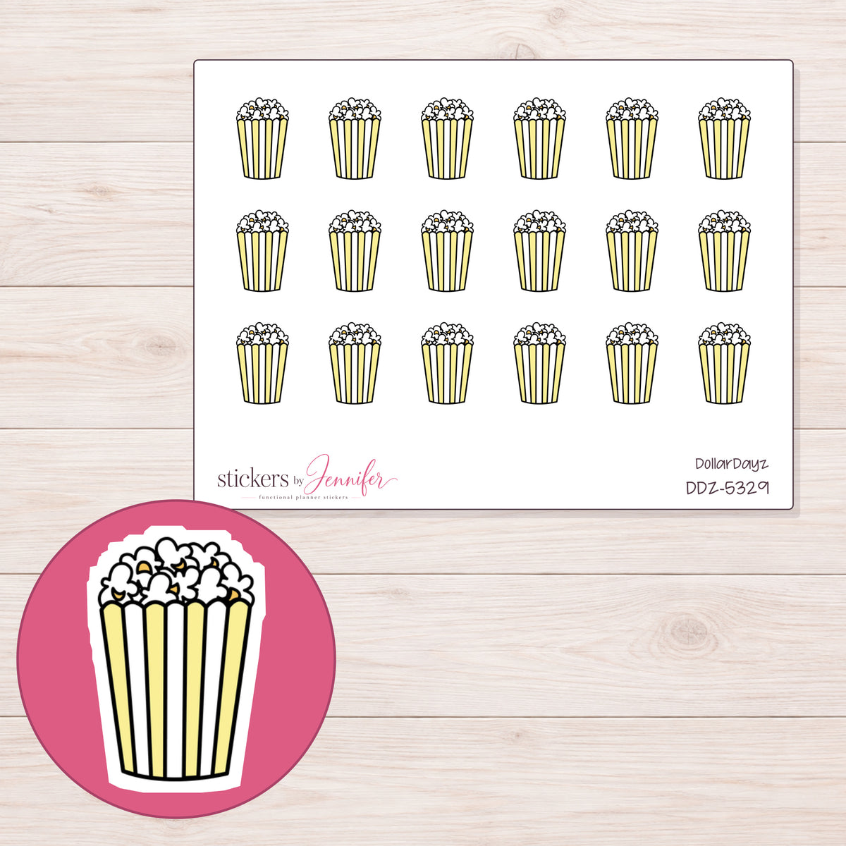 Yellow Popcorn Box Planner Stickers | DDZ-5329 — 4 × 3 inch sheet and enlarged sticker detail