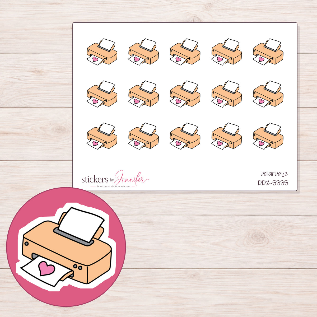 Peach Heart Printer Planner Stickers | DDZ-5335 — 4 × 3 inch sheet and enlarged sticker detail