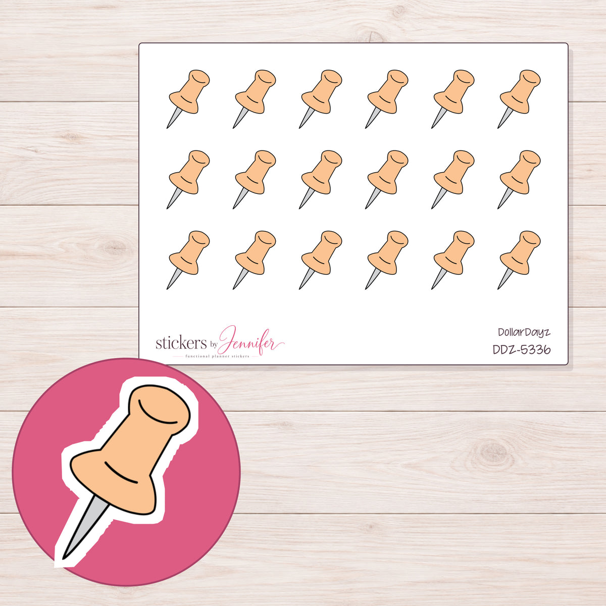 Peach Push Pin Planner Stickers | DDZ-5336 — 4 × 3 inch sheet and enlarged sticker detail
