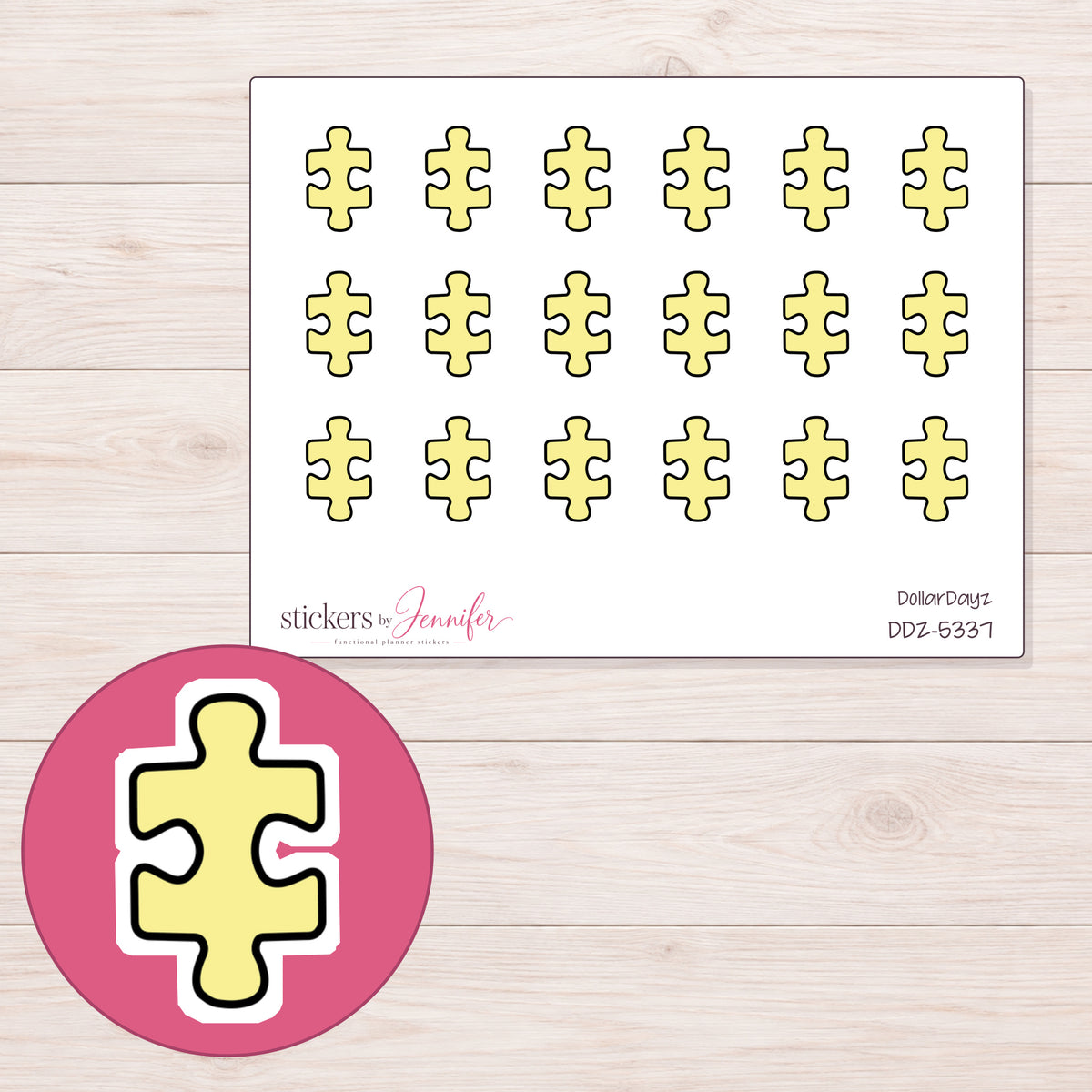 Yellow Puzzle Piece Planner Stickers | DDZ-5337 — 4 × 3 inch sheet and enlarged sticker detail