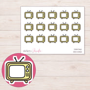 Yellow Retro Television Planner Stickers | DDZ-5340 — 4 × 3 inch sheet and enlarged sticker detail