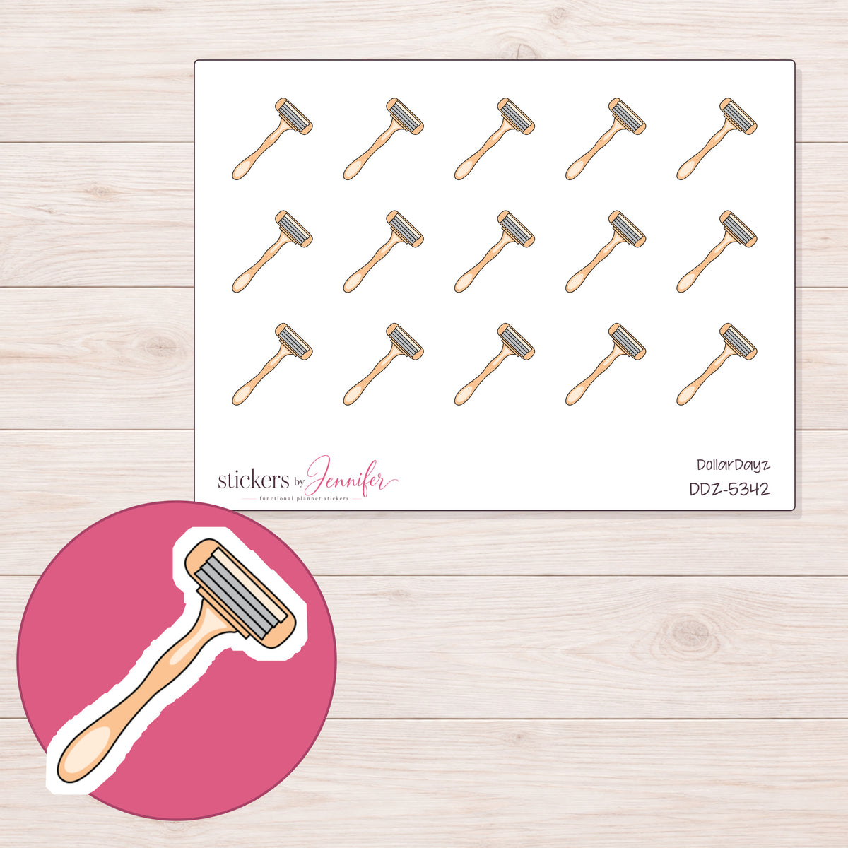 Peach Razor Planner Stickers | DDZ-5342 — 4 × 3 inch sheet and enlarged sticker detail