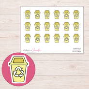 Yellow Recycling Bin Planner Stickers | DDZ-5344 — 4 × 3 inch sheet and enlarged sticker detail