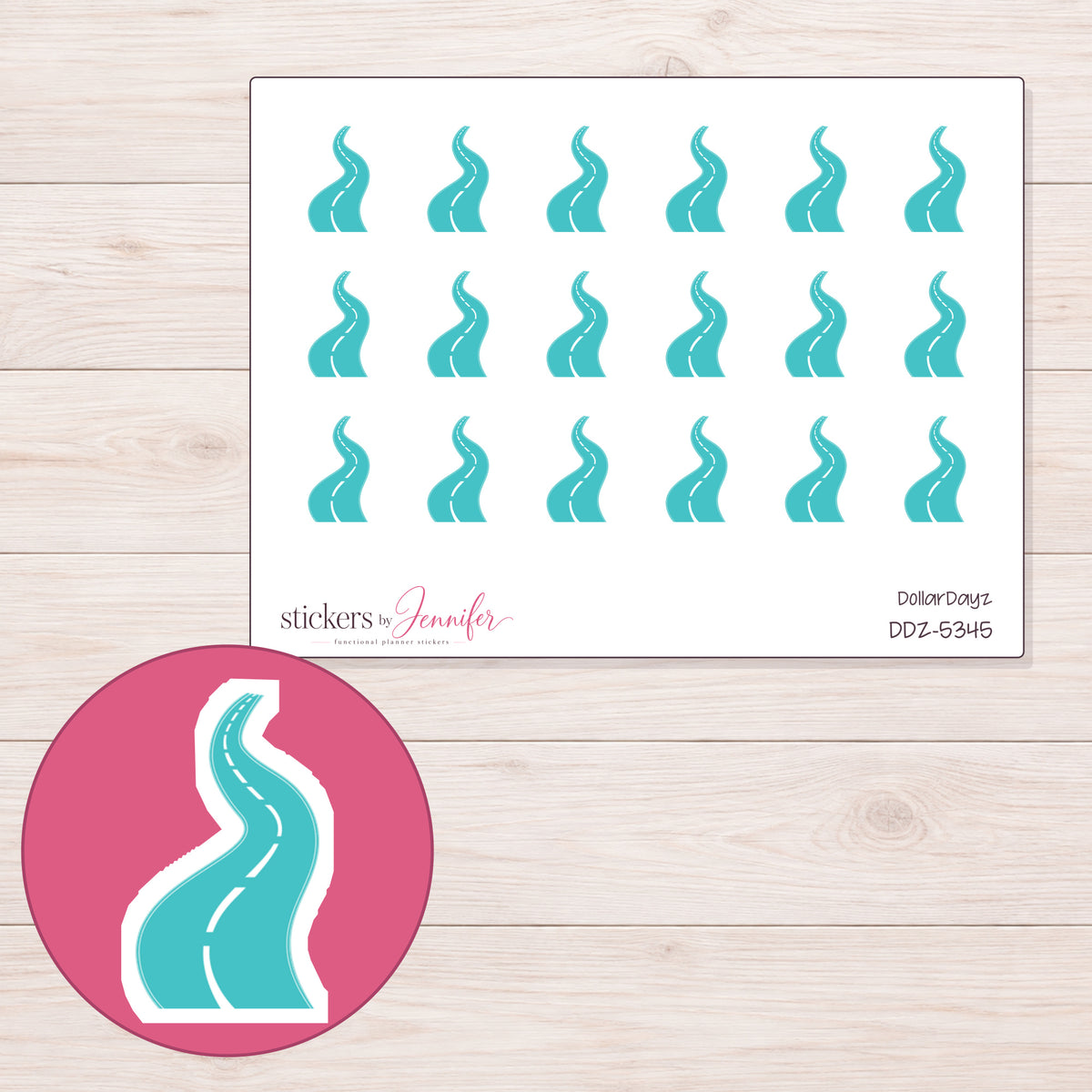 Teal Winding Road Planner Stickers | DDZ-5345 — 4 × 3 inch sheet and enlarged sticker detail