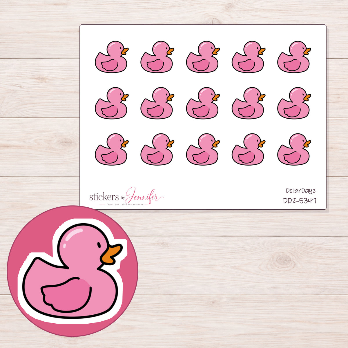 Pink Rubber Duck Planner Stickers | DDZ-5347 — 4 × 3 inch sheet and enlarged sticker detail