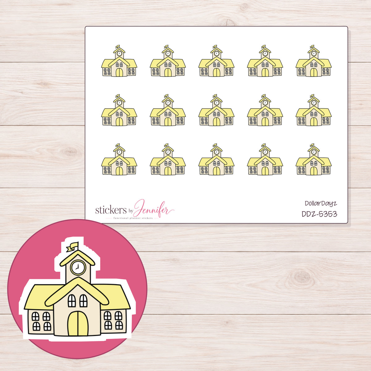 Yellow School Planner Stickers | DDZ-5353 — 4 × 3 inch sheet and enlarged sticker detail