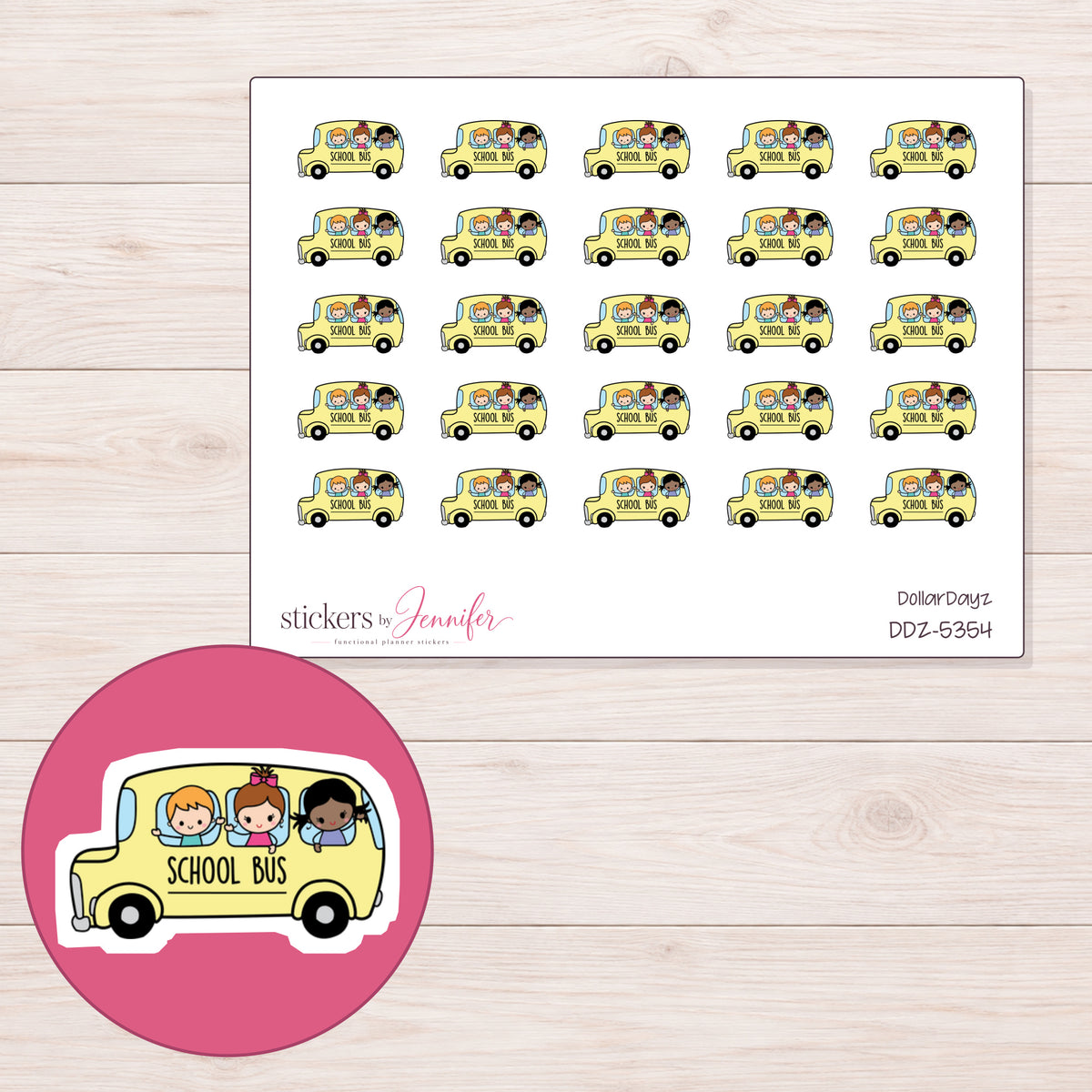 Yellow School Bus Planner Stickers | DDZ-5354 — 4 × 3 inch sheet and enlarged sticker detail