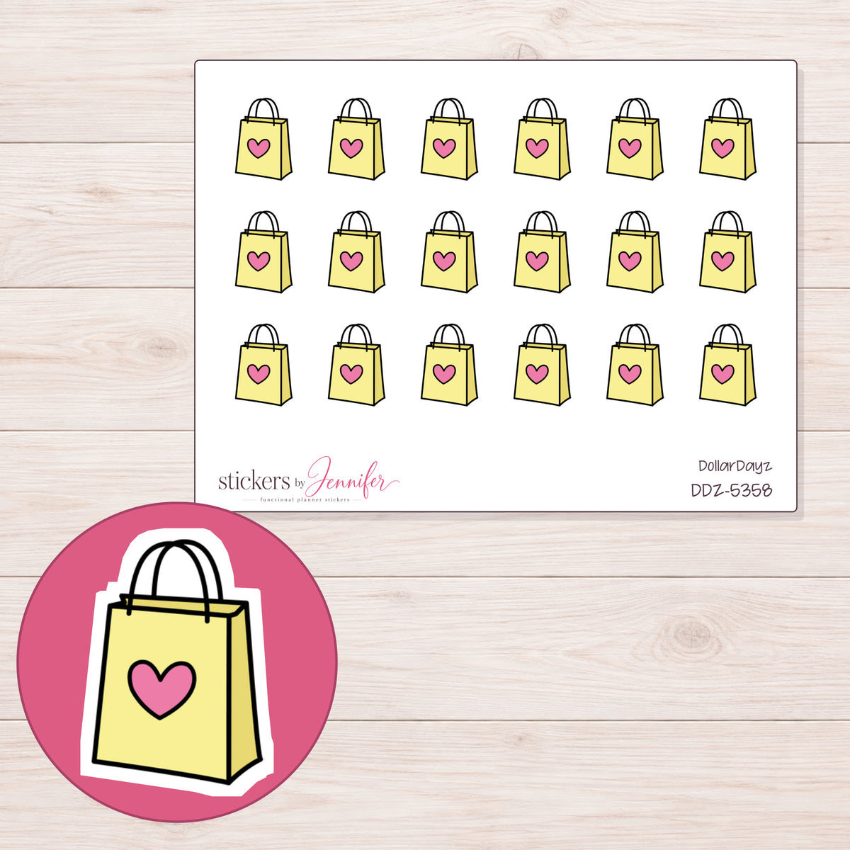 Yellow Heart Shopping Bag Planner Stickers | DDZ-5358 — 4 × 3 inch sheet and enlarged sticker detail