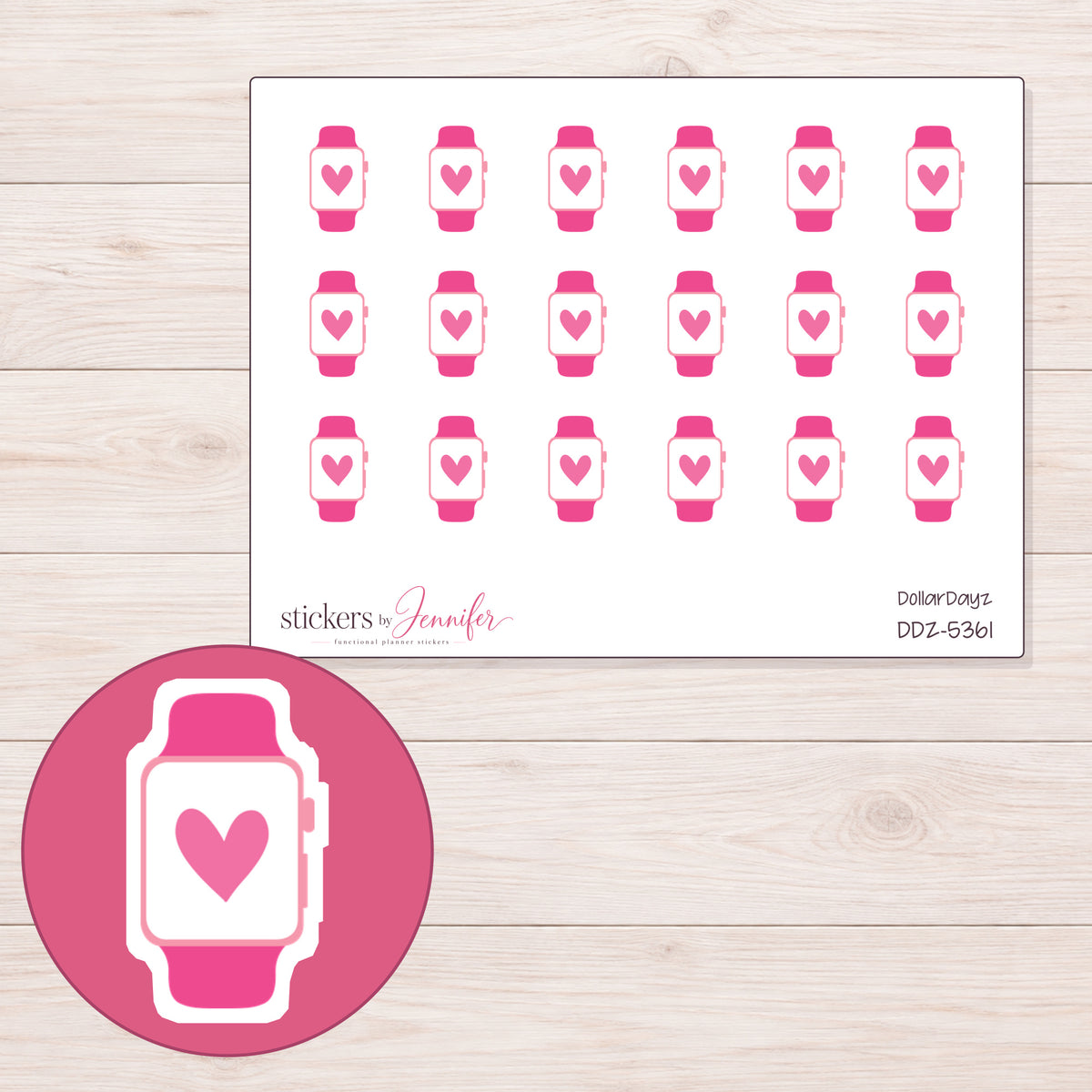 Pink Heart Watch Planner Stickers | DDZ-5361 — 4 × 3 inch sheet and enlarged sticker detail
