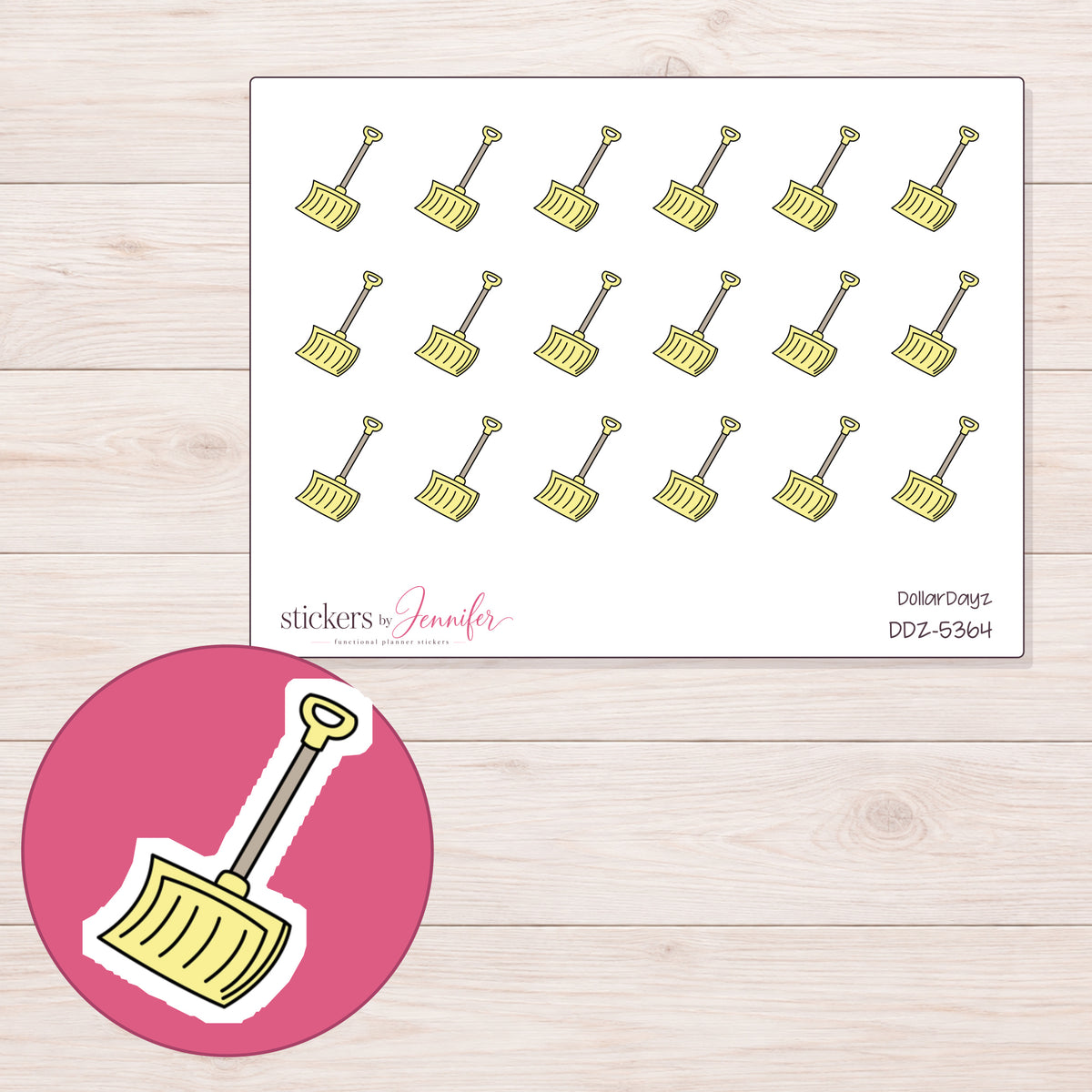 Yellow Snow Shovel Planner Stickers | DDZ-5364 — 4 × 3 inch sheet and enlarged sticker detail