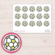 Yellow Soccer Ball Planner Stickers | DDZ-5365 — 4 × 3 inch sheet and enlarged sticker detail
