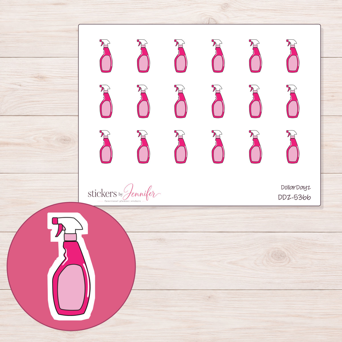 Pink Spray Bottle Planner Stickers | DDZ-5366 — 4 × 3 inch sheet and enlarged sticker detail