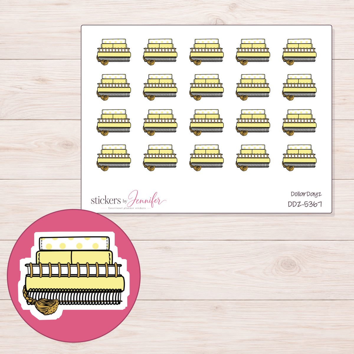 Yellow Planner Stack Planner Stickers | DDZ-5367 — 4 × 3 inch sheet and enlarged sticker detail