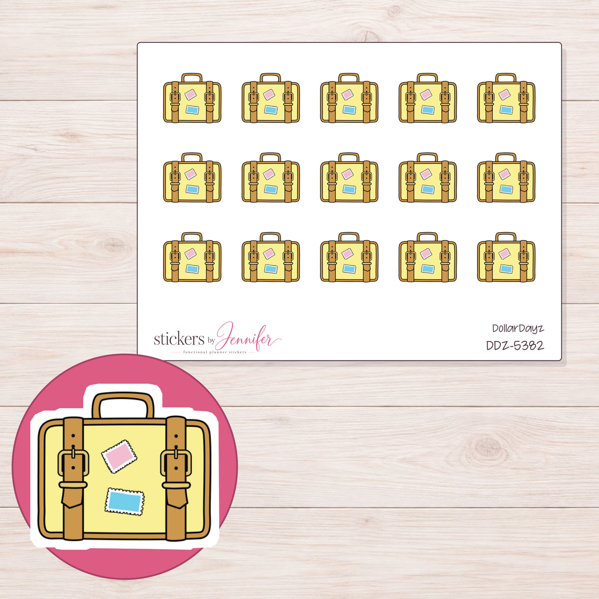 Yellow Suitcase Planner Stickers | DDZ-5382 — 4 × 3 inch sheet and enlarged sticker detail