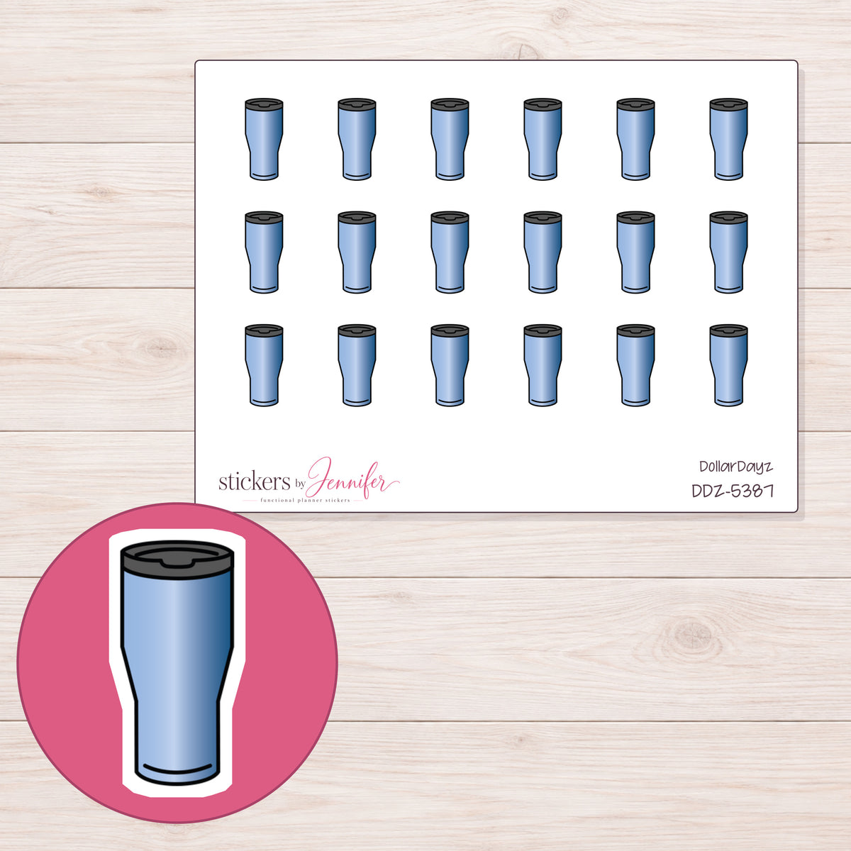 Blue Travel Tumbler Planner Stickers | DDZ-5387 — 4 × 3 inch sheet and enlarged sticker detail