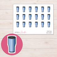 Blue Travel Tumbler Planner Stickers | DDZ-5387 — 4 × 3 inch sheet and enlarged sticker detail