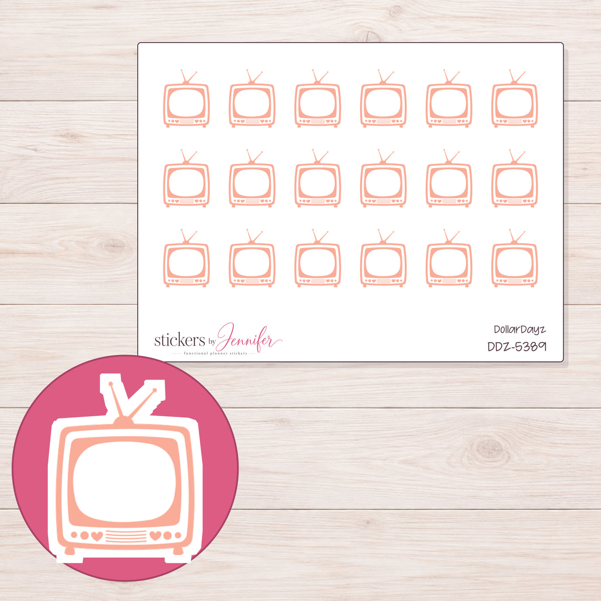 Peach Retro Television Planner Stickers | DDZ-5389 — 4 × 3 inch sheet and enlarged sticker detail