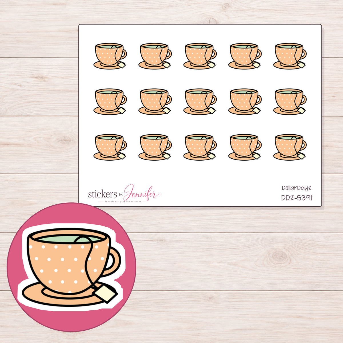 Peach Polka Dot Teacup Planner Stickers | DDZ-5391 — 4 × 3 inch sheet and enlarged sticker detail
