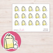 Yellow Tea Bag Planner Stickers | DDZ-5392 — 4 × 3 inch sheet and enlarged sticker detail
