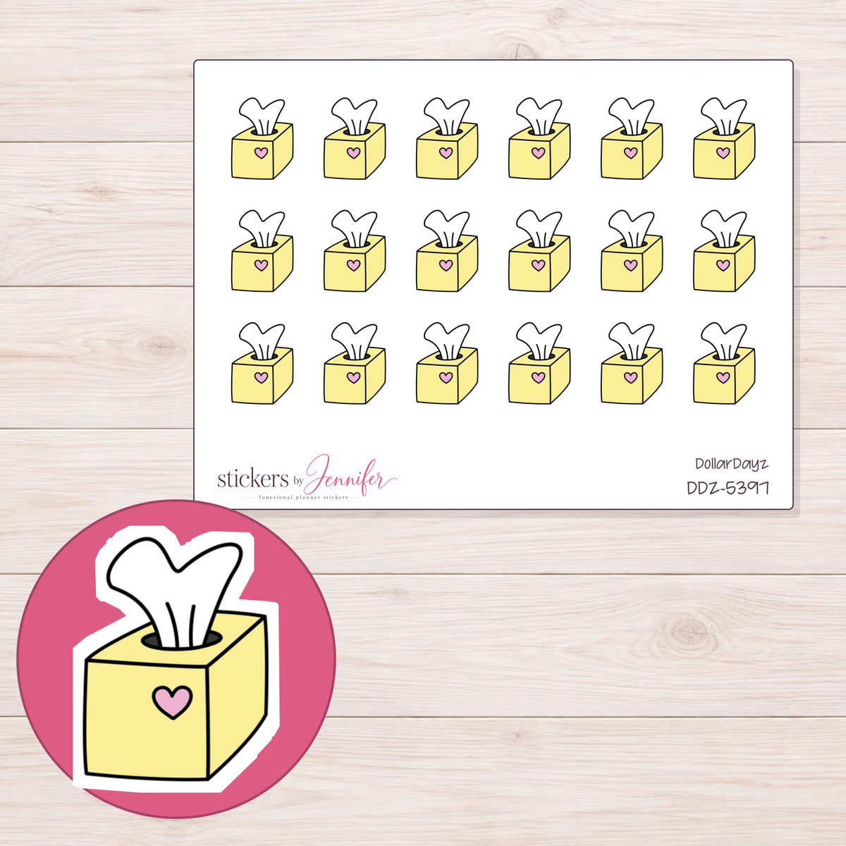 Yellow Heart Tissue Box Planner Stickers | DDZ-5397 — 4 × 3 inch sheet and enlarged sticker detail