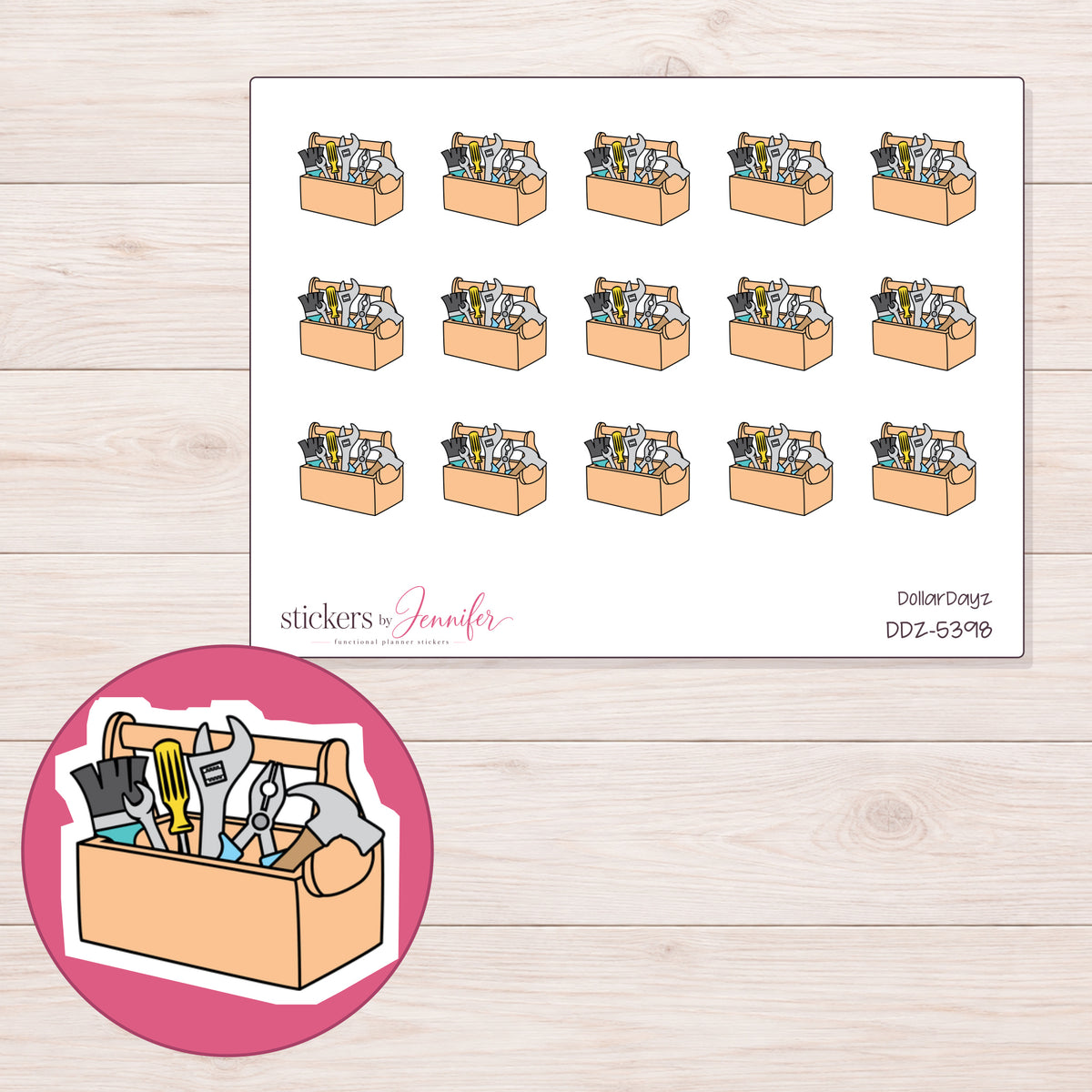 Peach Tool Box Planner Stickers | DDZ-5398 — 4 × 3 inch sheet and enlarged sticker detail